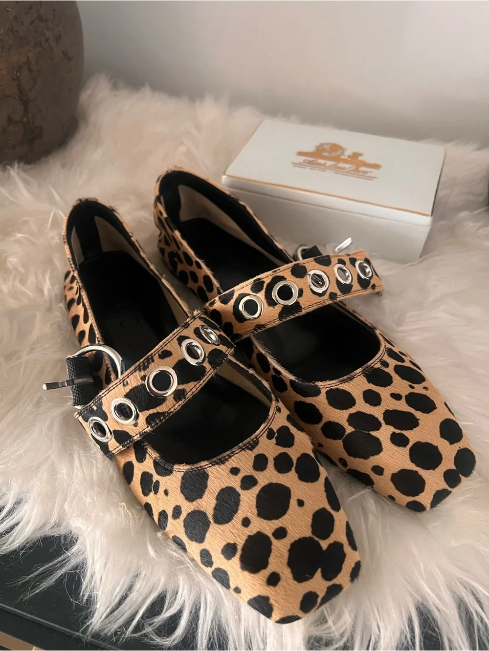 Aeyde Leopard-Print Mary Jane Flats in Tan and Black